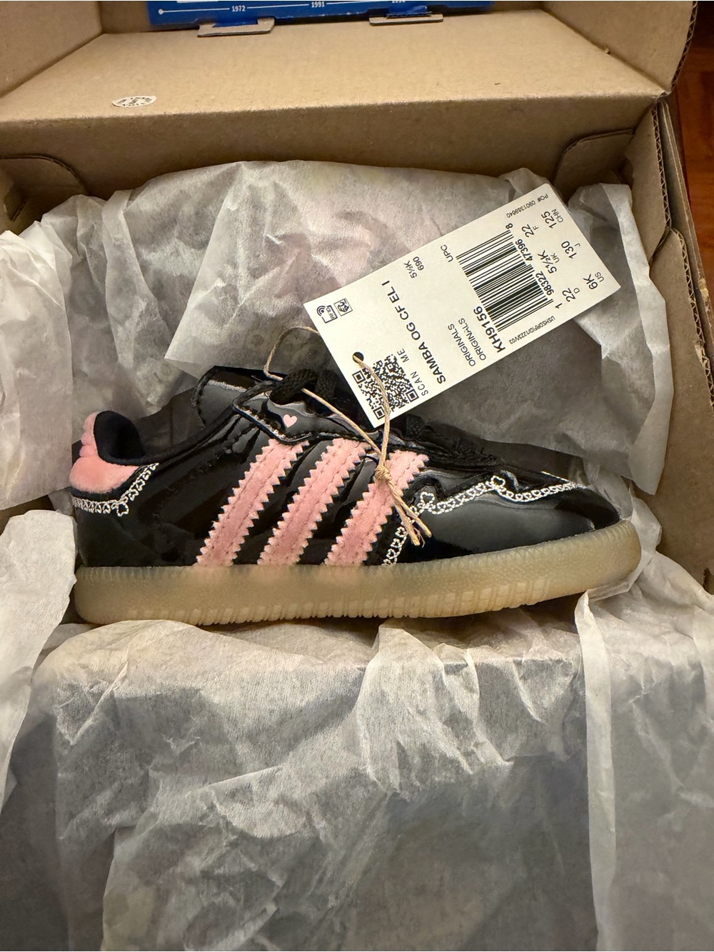 NWT - Adidas Samba OG Toddler Black Patent Sneakers with Pink Stripes size 6K